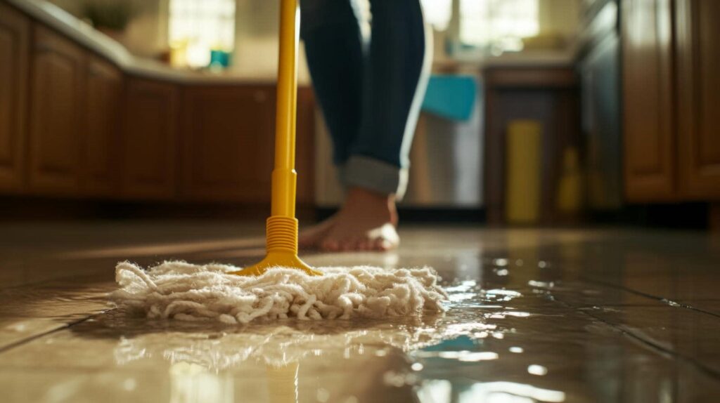 Person mopping a wet kitchen floor with a yellow mop head.