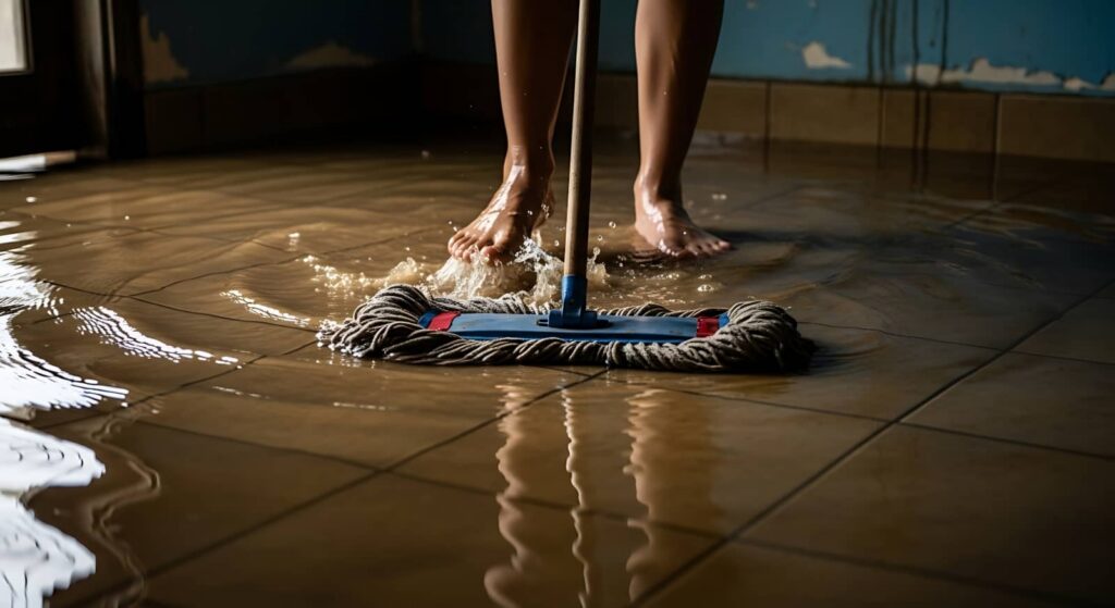 Bare feet mopping a flooded tiled floor with a blue mop.