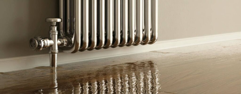 Water leaking from a radiator valve onto a wooden floor.