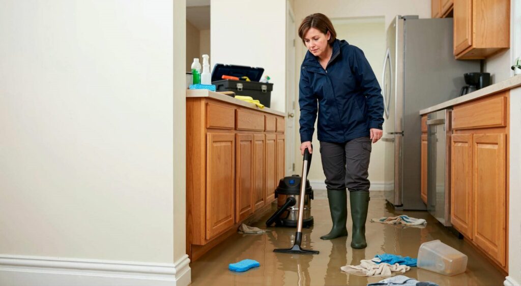 Woman in rain boots using a wet vacuum to clean a flooded kitchen floor.