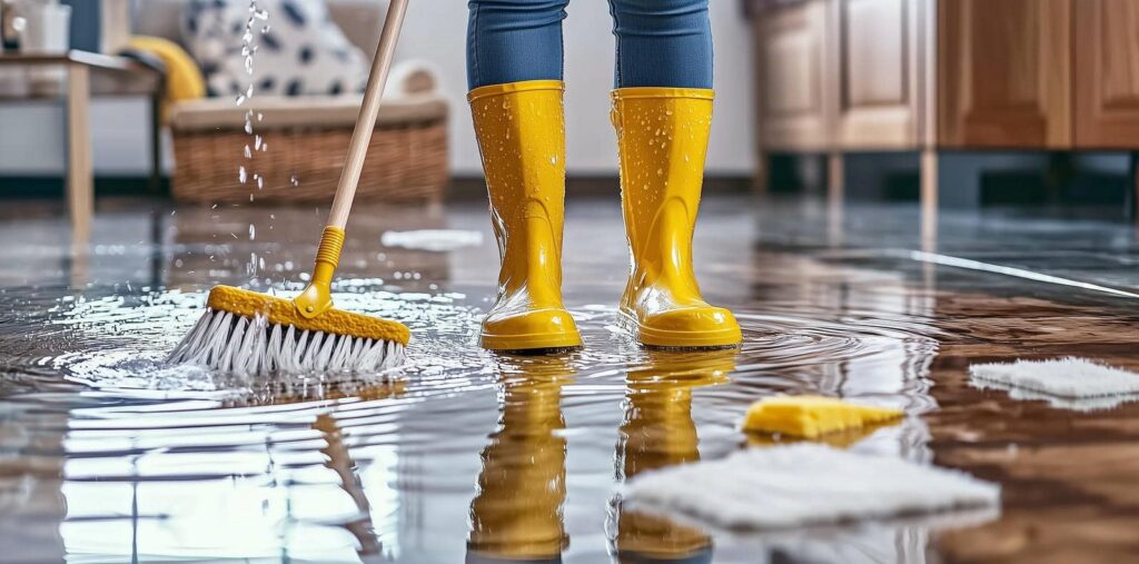 Person wearing yellow rain boots mopping a flooded floor indoors.