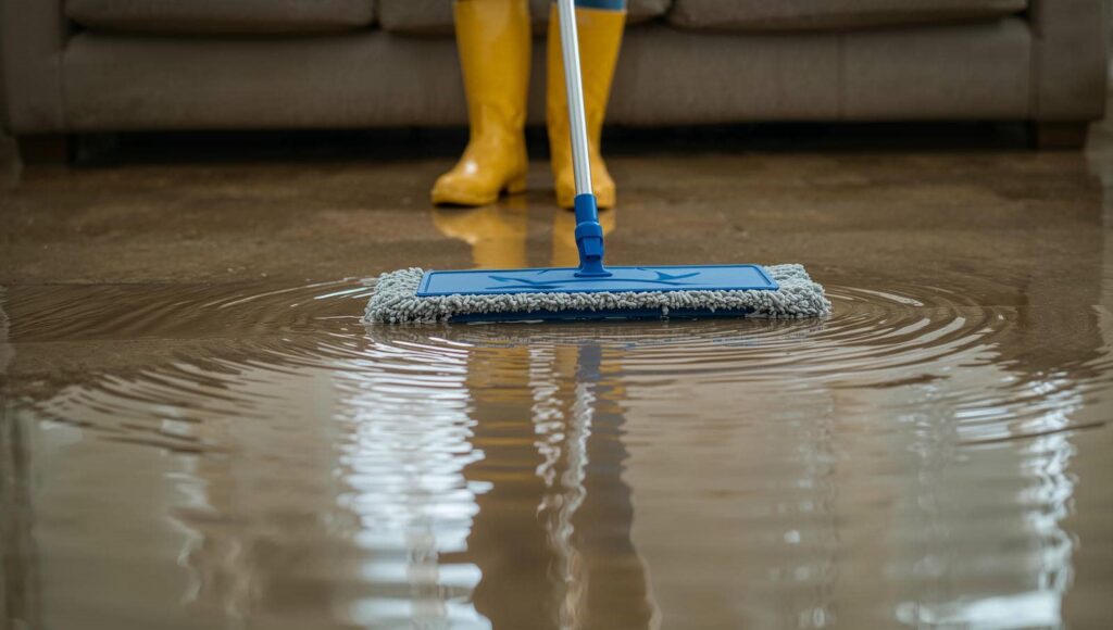 Person in yellow boots mopping a flooded floor with a blue mop.