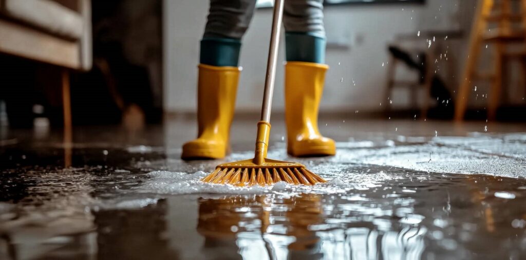 Person in yellow boots scrubbing a wet floor with a yellow brush.