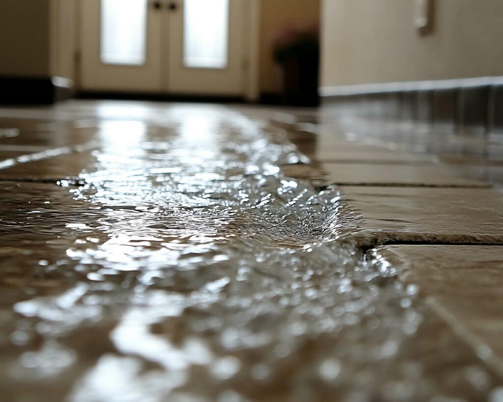 Water flowing across a tiled floor inside a room near a door.