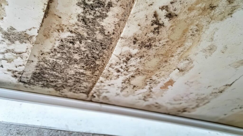 Ceiling with extensive black mold and water damage stains.