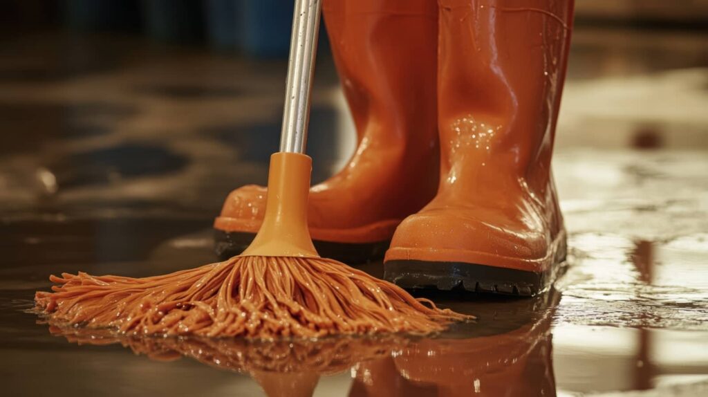 Orange rubber boots standing on a wet floor next to an orange mop head.
