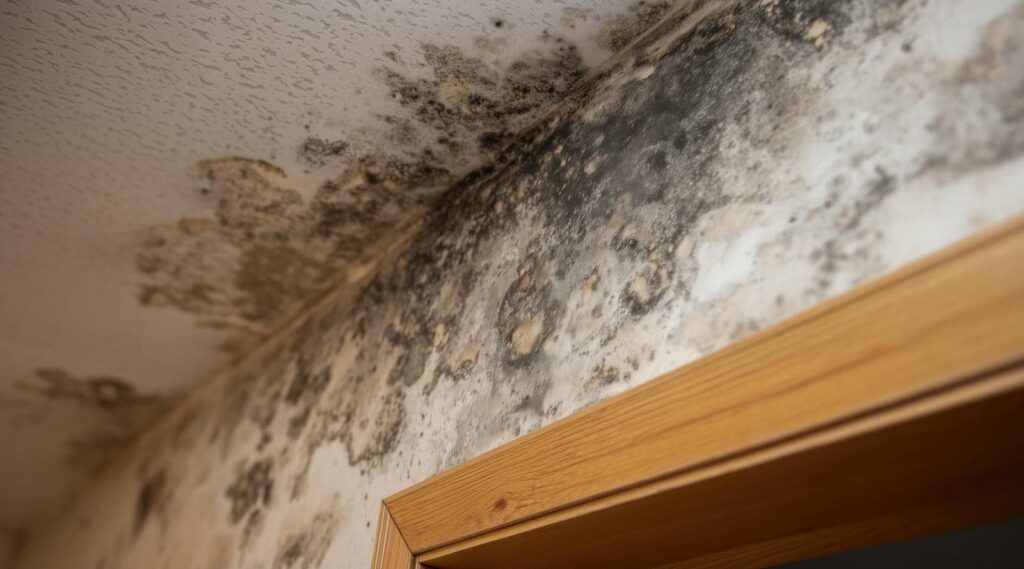 Black mold growth on a ceiling and wall corner above a wooden door frame.