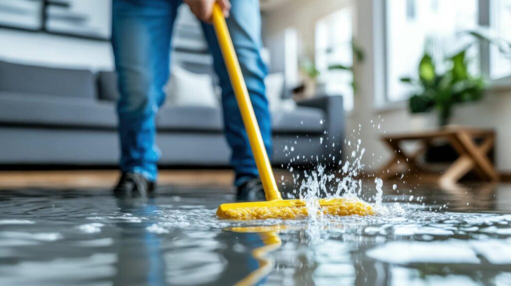 Person mopping a flooded floor in a living room with water splashing from the yellow mop.