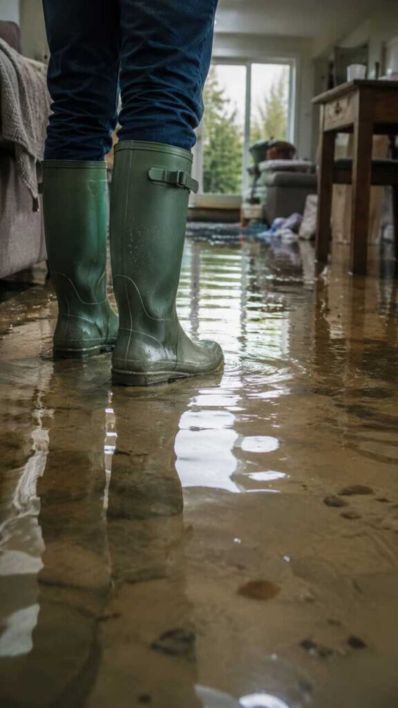 Person standing in a flooded room wearing green rain boots.