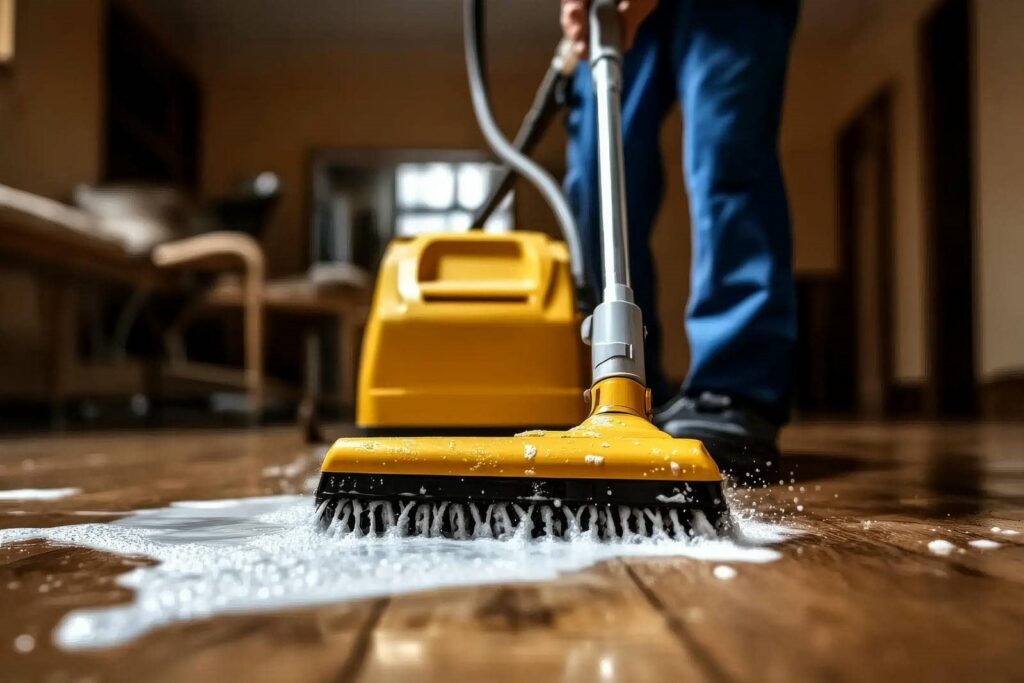Person cleaning wooden floor with yellow scrubber machine and soap foam