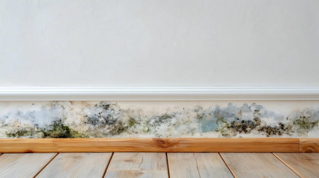 Black and green mold growing along the base of a white wall above a wooden floor.