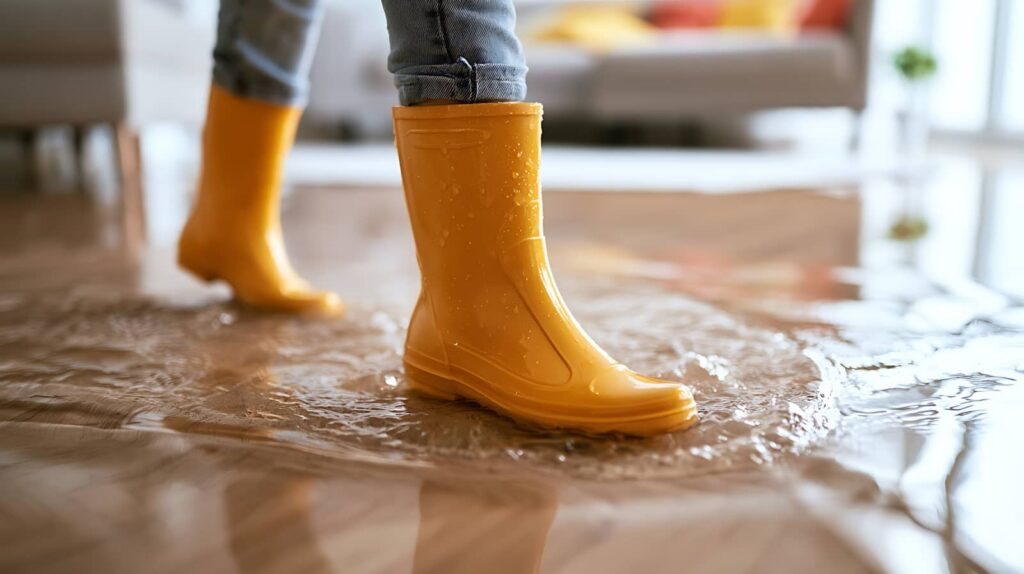 Yellow rain boots standing in a flooded room.