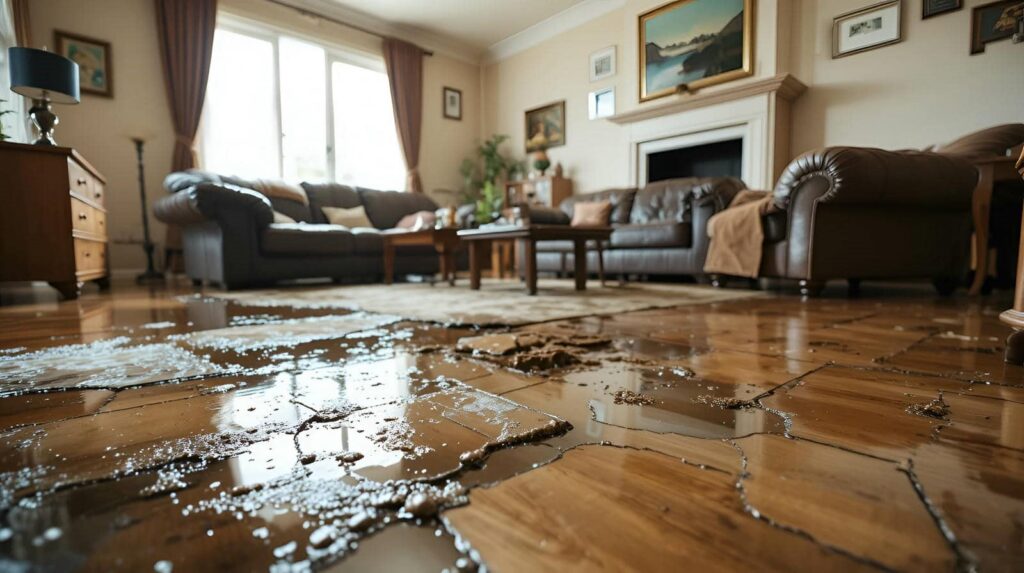 Cracked and water-damaged wooden floor in a living room with leather sofas and a fireplace.