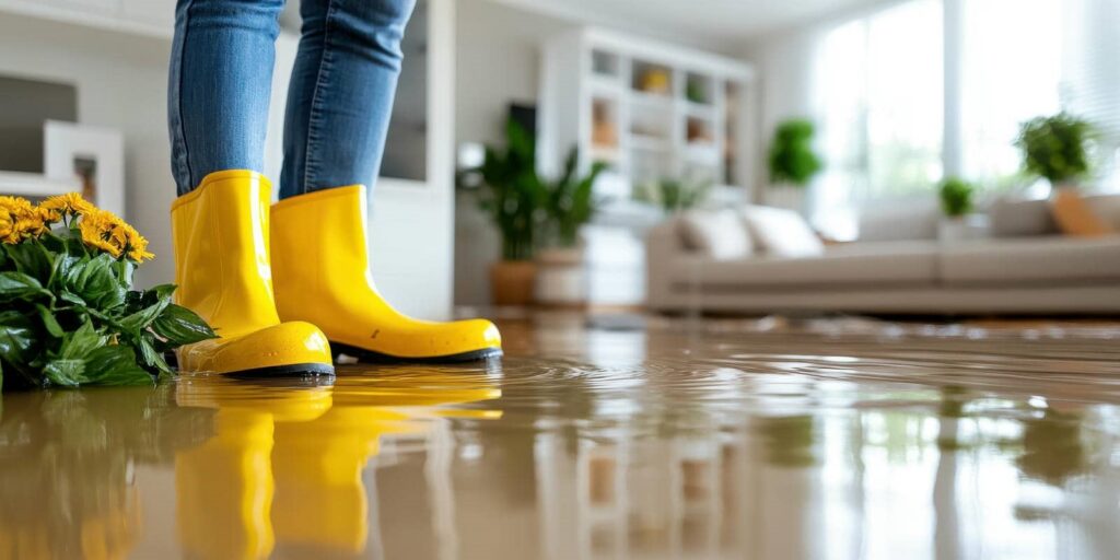 Person wearing yellow rain boots standing on a flooded floor inside a living room.
