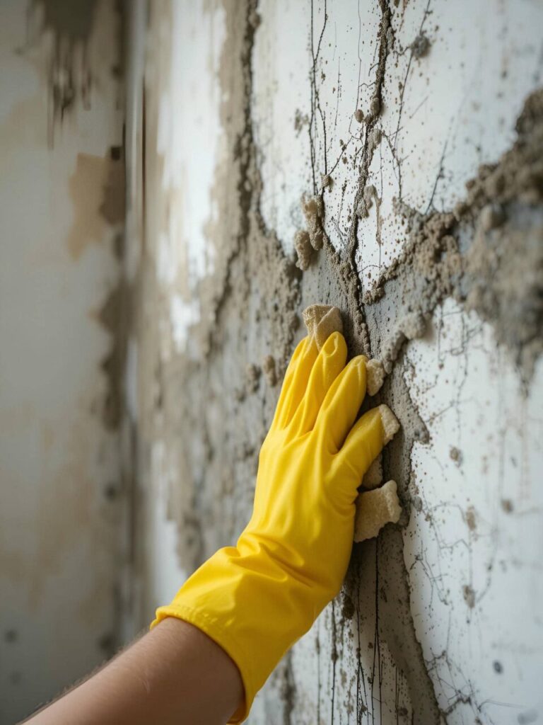 Hand in a yellow glove scrubbing mold off a cracked wall with a sponge.