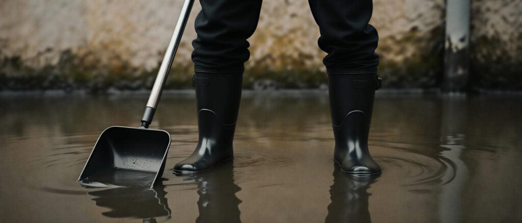 Person wearing black rain boots standing in shallow floodwater holding a shovel.
