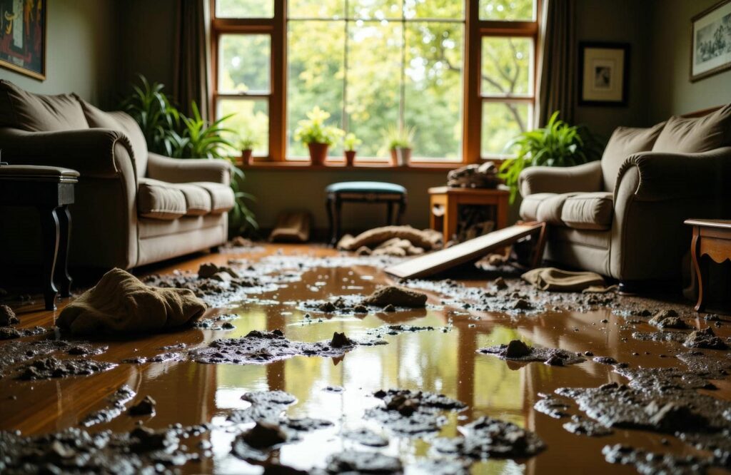 Living room with muddy water and dirt spilled across the wooden floor between two sofas.