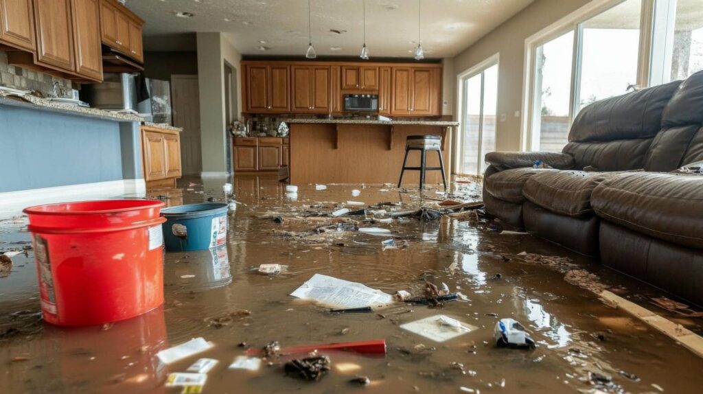 Flooded living room and kitchen with muddy water, debris, and two buckets on the floor.