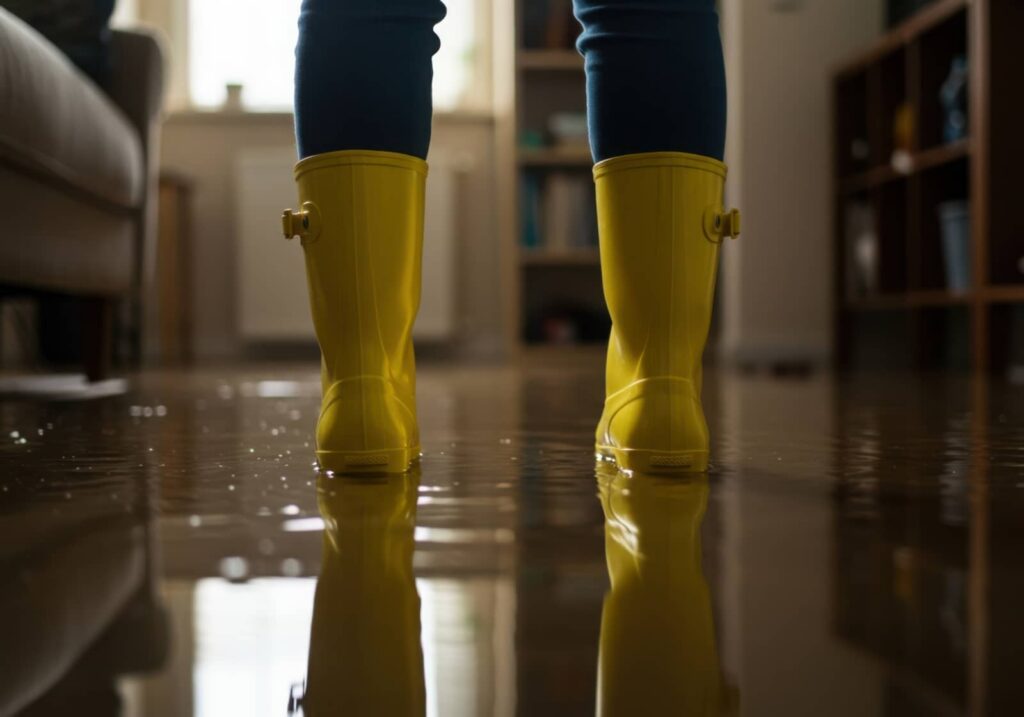 Yellow rain boots standing in indoor floodwater.