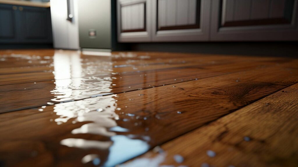 Water spilled on a wooden kitchen floor near cabinets and a dishwasher.
