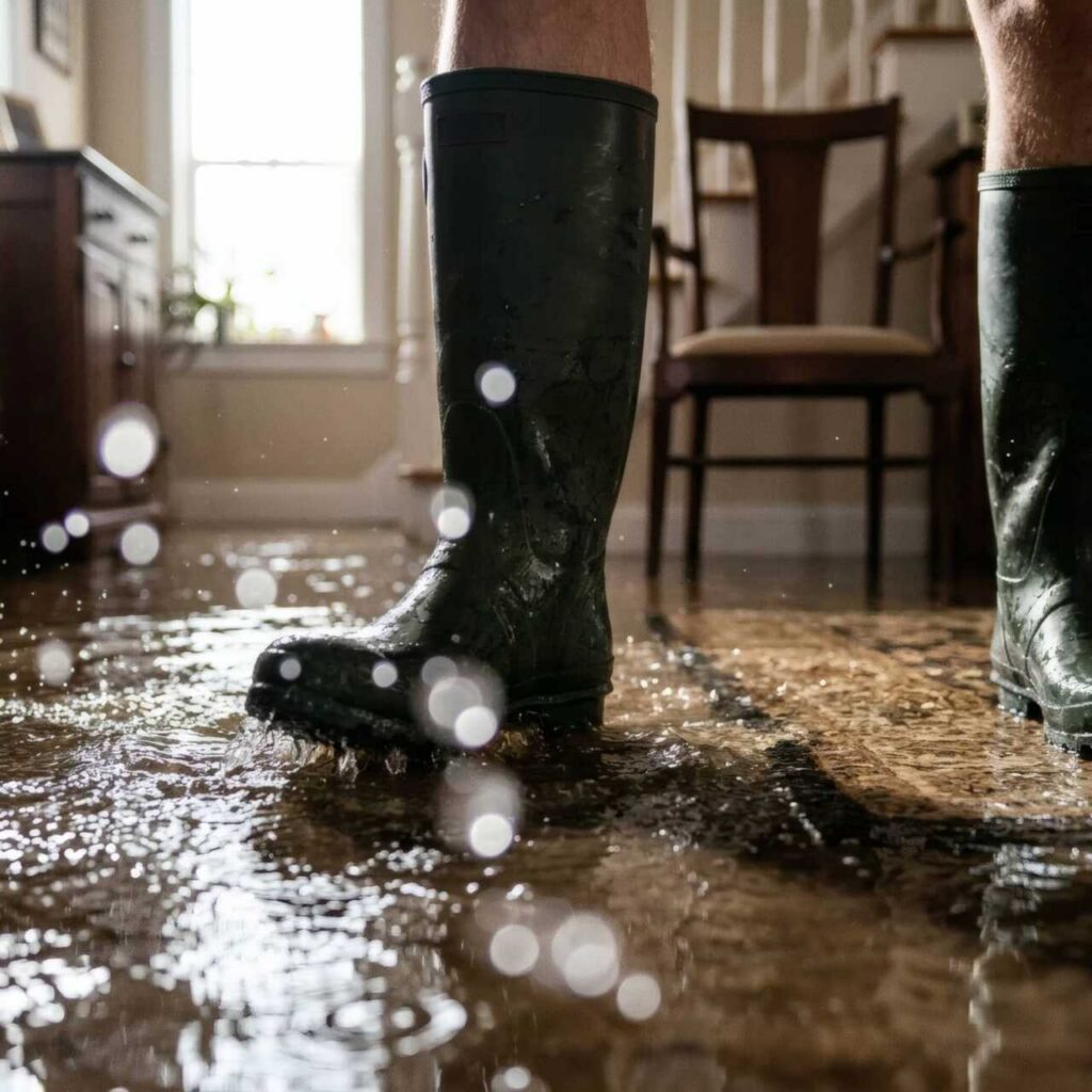 Person wearing rain boots standing in flooded room.