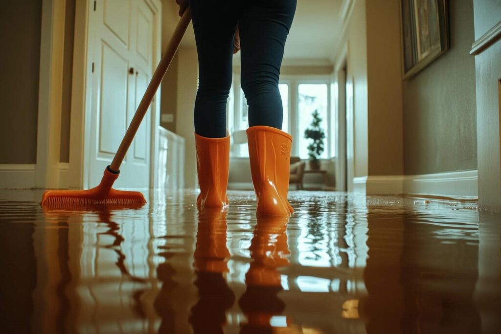 Person in orange rain boots using a broom to clean water flooding a hallway.