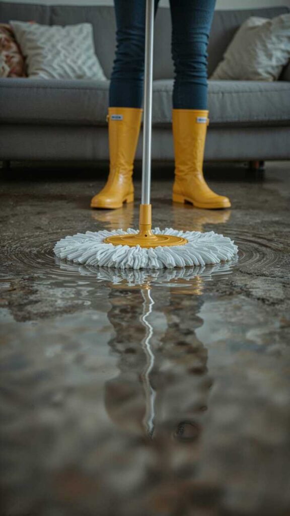Person wearing yellow rain boots mopping a wet floor in front of a gray couch.