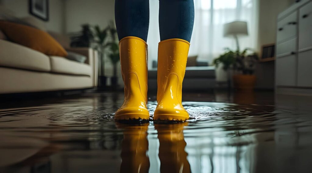 Yellow rain boots standing in floodwater indoors.