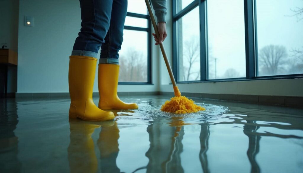 Person in yellow rain boots mopping a flooded floor inside a room with large windows.
