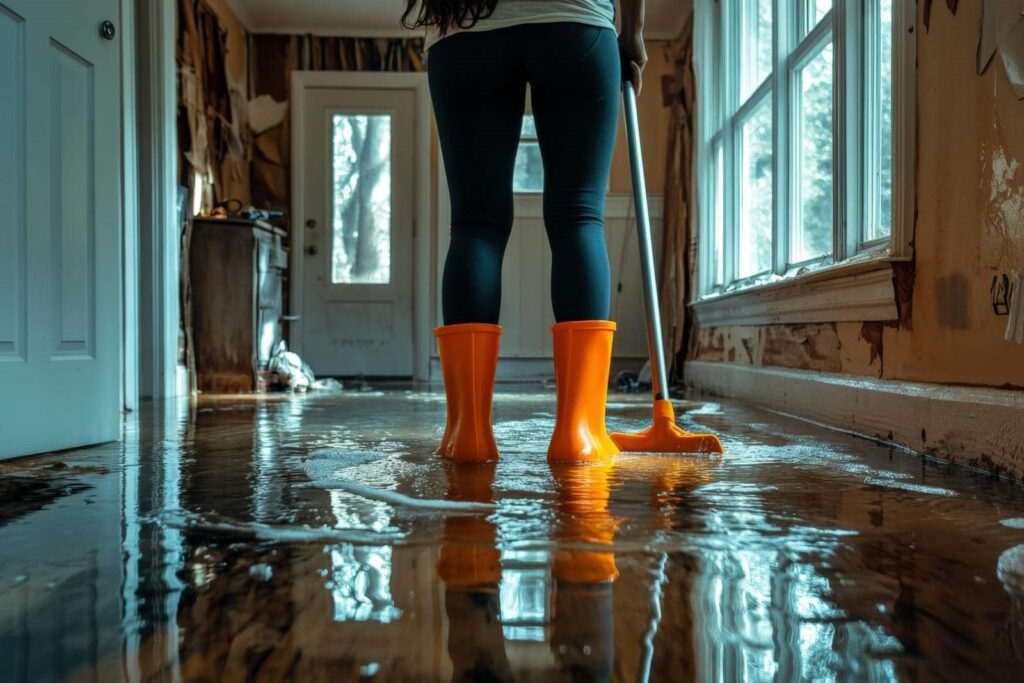 Person wearing orange boots mopping a flooded floor inside a house.