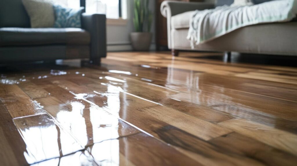 Water spilled on a wooden floor between two sofas in a living room.