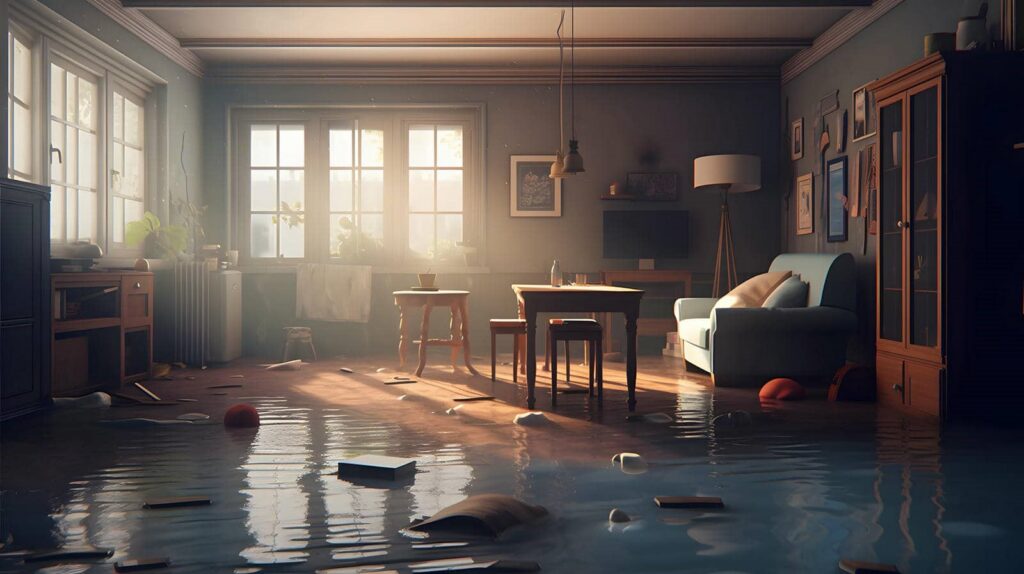 Living room with wooden furniture partially flooded with water and sunlight streaming through windows.