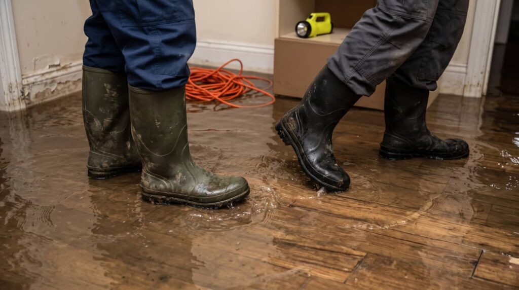 Two people in rubber boots standing in a flooded room.
