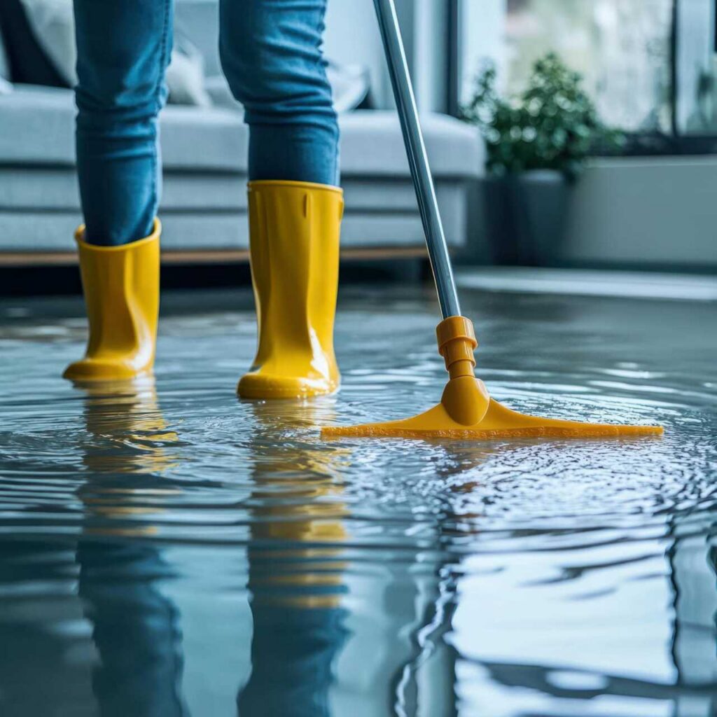 Person in yellow boots using a squeegee to remove water from a flooded indoor floor.