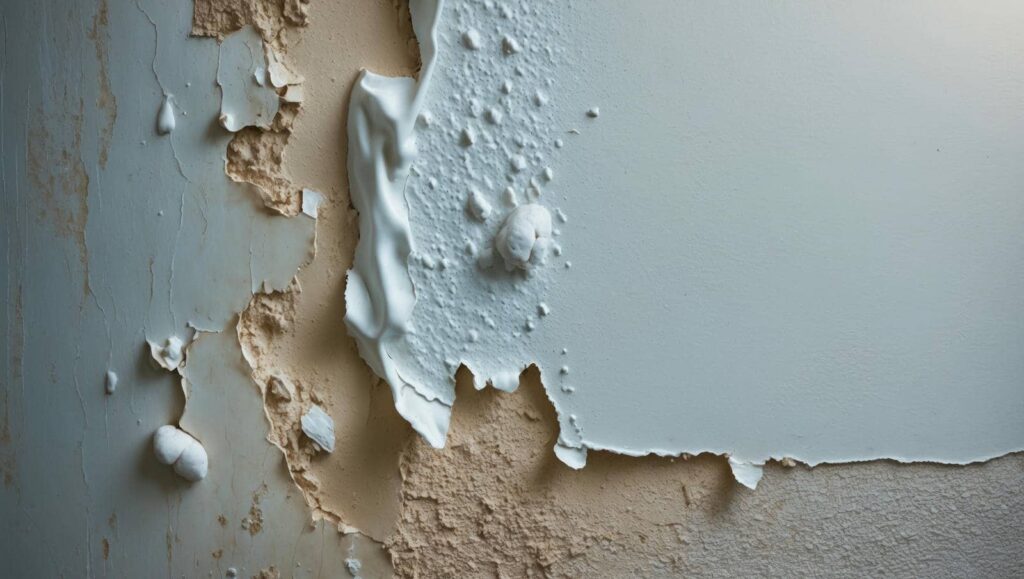 Peeling and bubbling paint on a wall showing multiple layers and textures including mold.