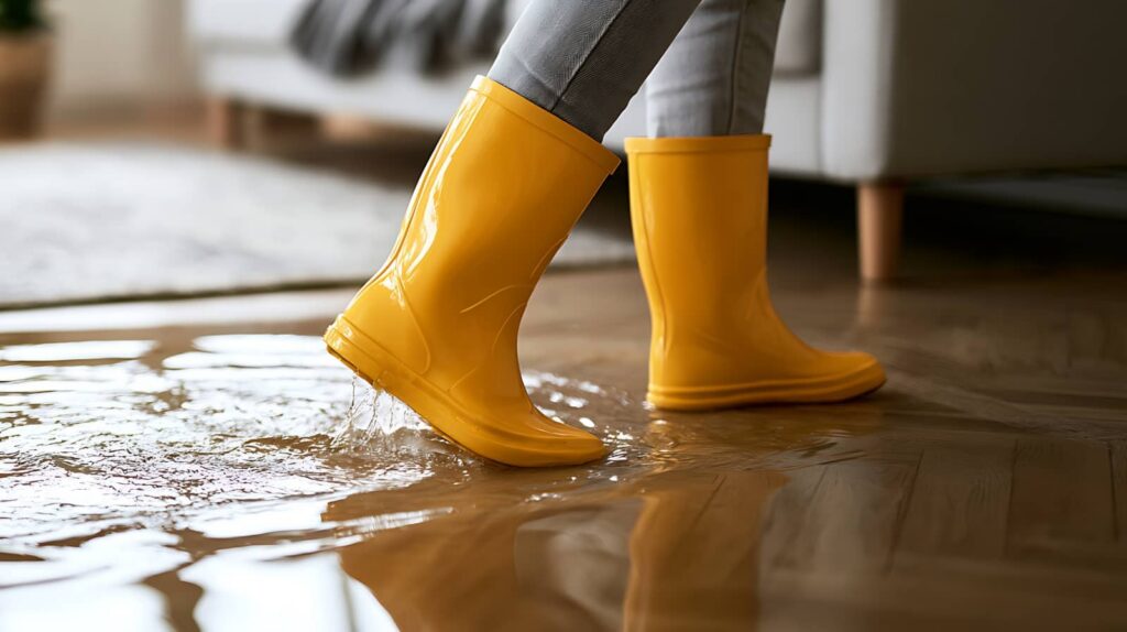 Yellow rain boots walking through a flooded room.