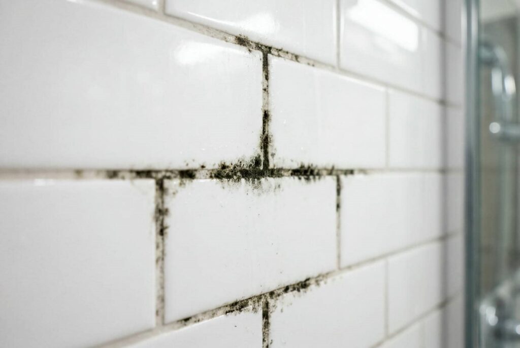 Black mold growing in the grout lines of white subway tiles on a bathroom wall.