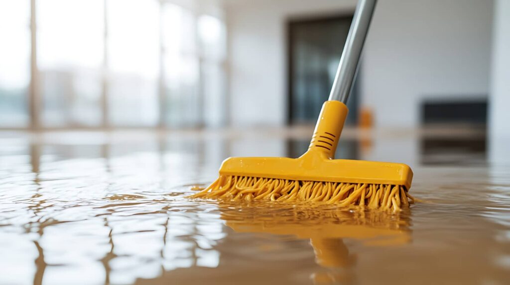 Yellow mop cleaning up water on a flooded floor inside a building.
