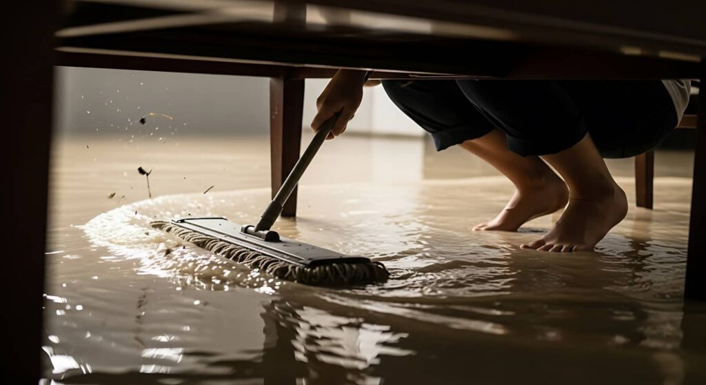 Barefoot person mopping water from a flooded floor under furniture.