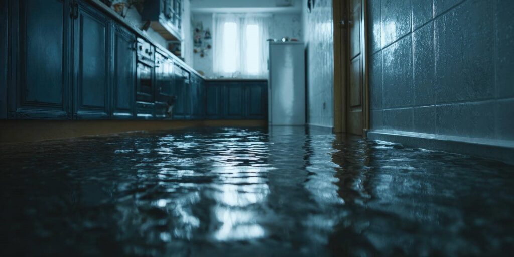 Flooded kitchen with water covering the floor up to the cabinets and refrigerator.