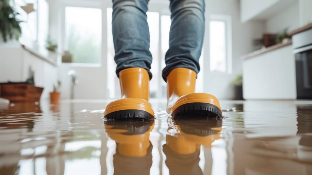 Person wearing yellow rain boots standing in a flooded indoor space with water reflecting the boots.
