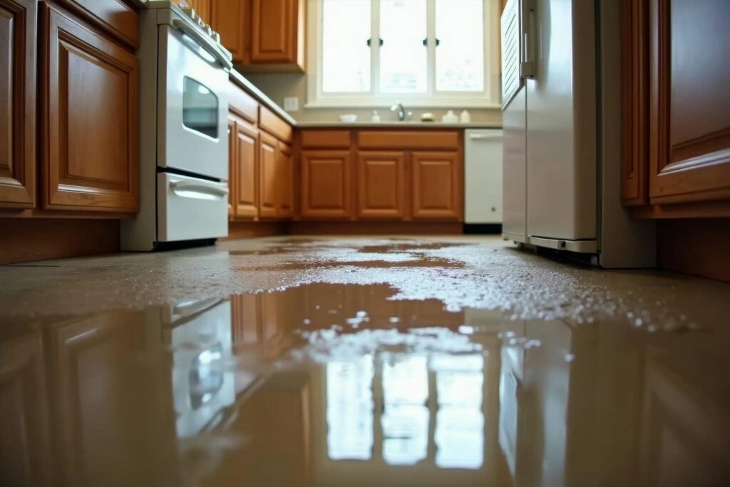 Water pooled on a kitchen floor between wooden cabinets and white appliances.