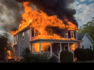 A two-story house engulfed in large flames and thick black smoke.