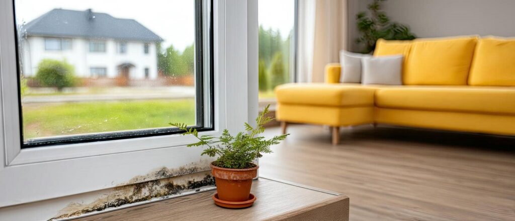 Small potted plant on a windowsill with visible mold on the window frame and a yellow sofa in the background.