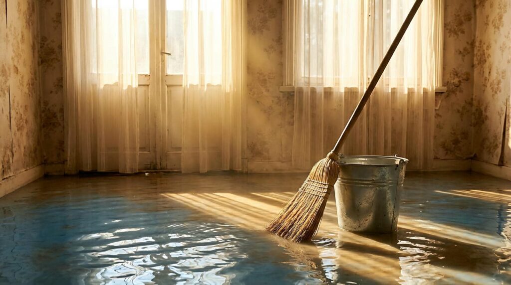 Broom and metal bucket on a flooded floor in a sunlit, empty room with sheer curtains.