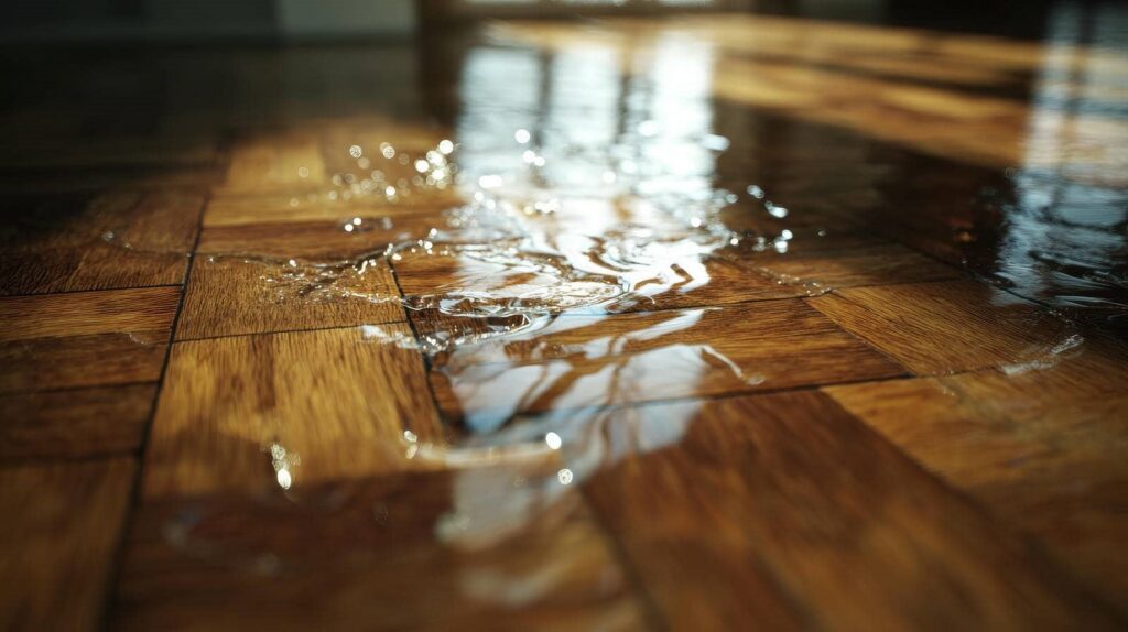 Water spilled and spreading on a wooden parquet floor with light reflections.
