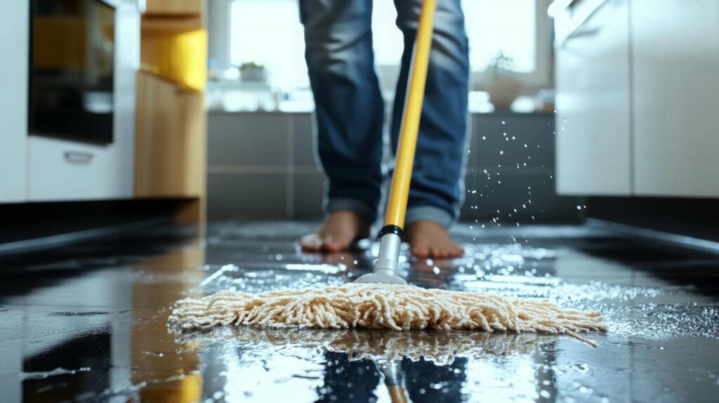 Person mopping a wet kitchen floor with a yellow mop.