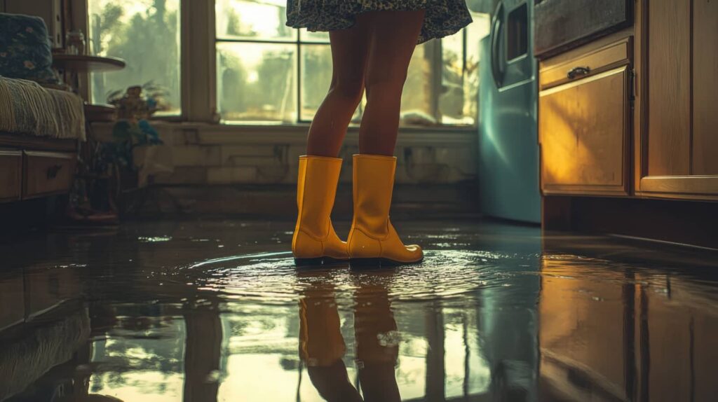 Person wearing yellow rain boots standing in a flooded kitchen with water reflecting the surroundings.