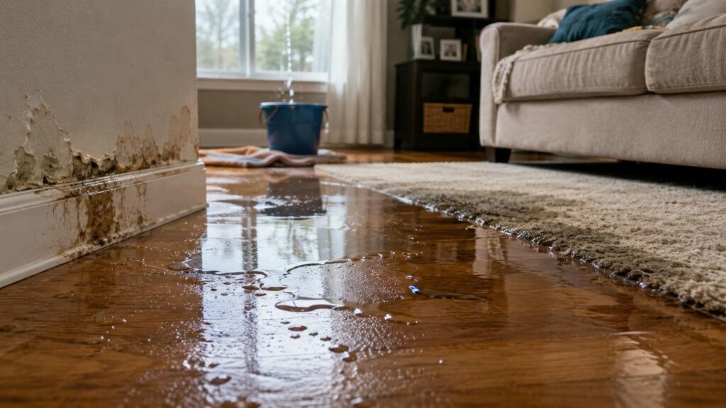 Water leaking inside a living room with a bucket catching drips and water damage on the wall.