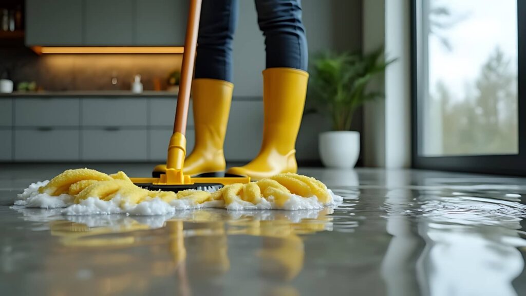 Person in yellow boots mopping a wet floor with a yellow mop in a modern kitchen.
